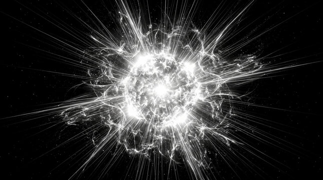 Intense monochromatic spherical energy burst emitting bright radial light rays, plasma shockwaves, and luminous cosmic debris against deep black outer space