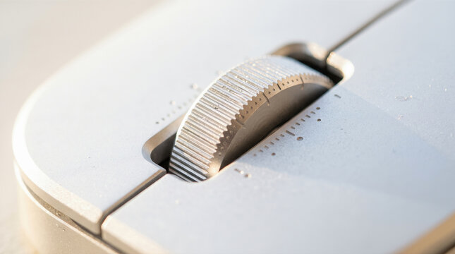Macro close up of textured metal computer mouse scroll wheel showing knurled ridges and calibrated dots on grey desktop body