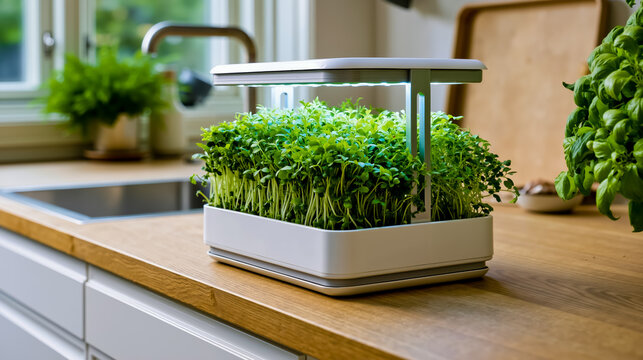 A modern indoor herb garden with a white base and a clear top sitting on a kitchen counter