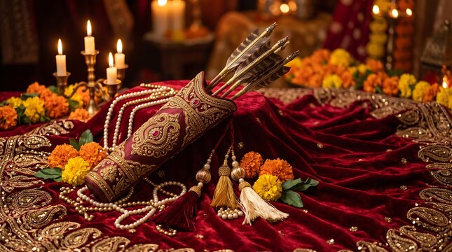 Traditional embroidered quiver with arrows on red velvet with candles