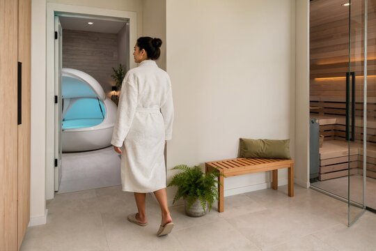 Woman in white bathrobe walking toward open sensory deprivation float pod. Wellness spa client entering flotation tank room