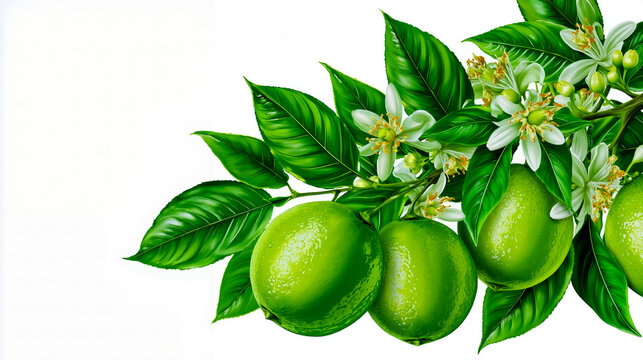 A digital illustration of a bunch of green limes with leaves and flowers