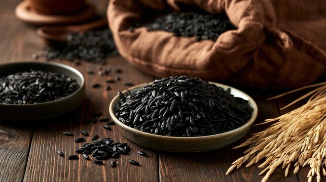 Riz noir complet servi dans des bols en c&eacute;ramique pr&egrave;s d'un sac de toile rustique