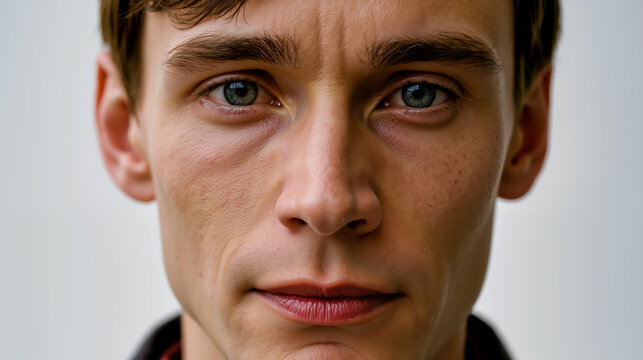 A close-up portrait of a man with blue eyes and a neutral expression