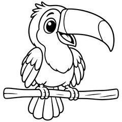 Fototapeta premium Cute toucan perched on a branch with a large curved beak, black and white vector coloring page for kids, tropical nursery art, and laser engraving.