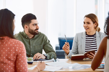 Fototapeta premium Business, manager or team in office with meeting, campaign briefing or discussion on creative pitch. Talk, people or brand director with notebook, ads feedback or collaboration on marketing proposal