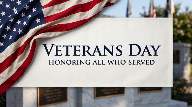 American flag draped over a banner for Veterans Day honoring all who served
