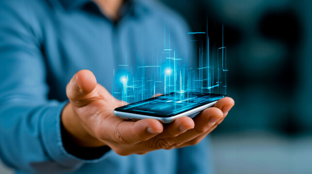 A person's hand holding a smartphone with a digital interface