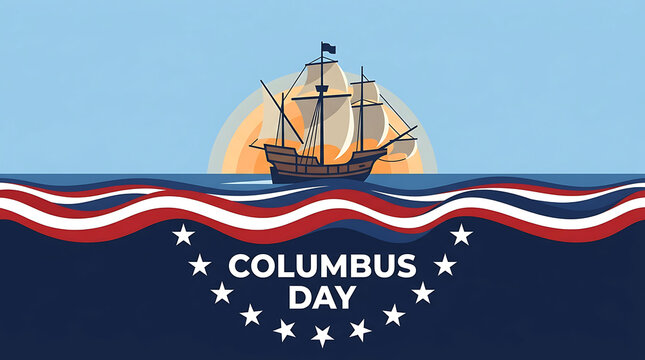 Columbus Day banner featuring a sailing ship at sea with patriotic waves