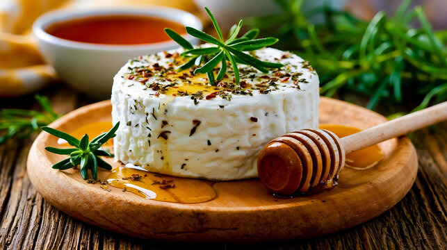 A slice of cheese with herbs and honey on a wooden plate