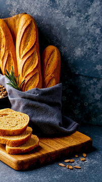 A close-up of a loaf of bread with a sprig of rosemary a wooden cutting board and a cloth bag of nuts