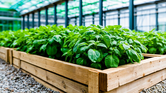 A close-up of a wooden planter box filled with green leafy plants