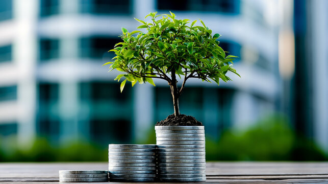 A small tree growing from a stack of coins