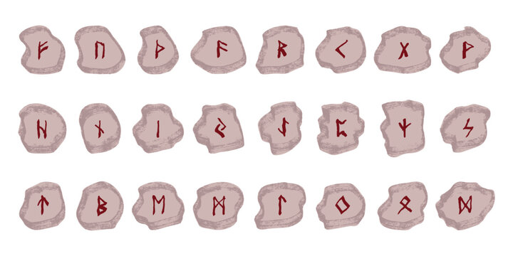 Set of hand drawn viking runes Rune stones with ancient norse alphabet characters engraved on them Scandinavian futhark germanic celtic Single element for design, print, web, decor