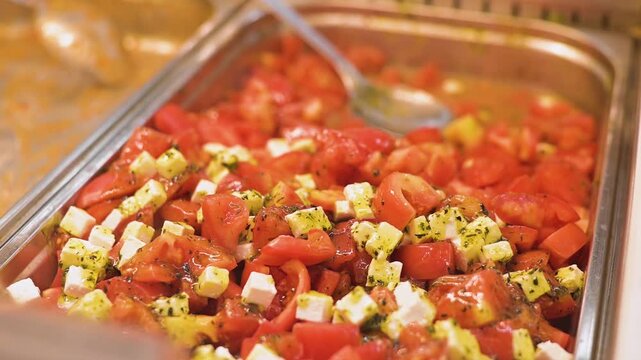 A large serving tray holds a colorful salad made of diced tomatoes, cucumbers, and small cubes of cheese