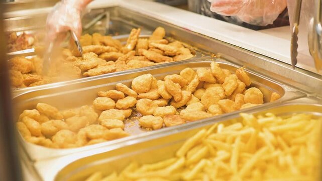 food serving station displaying crispy fried chicken nuggets and golden fries. A hand, covered with a disposable glove, uses tongs to serve the food from the trays