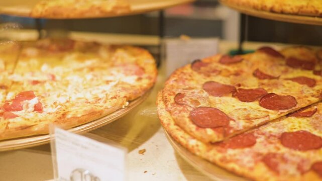 A display of pizza slices features pepperoni and cheese on multiple trays in a food service area. The vibrant colors and variety of toppings highlight the appetizing appearance of each slice