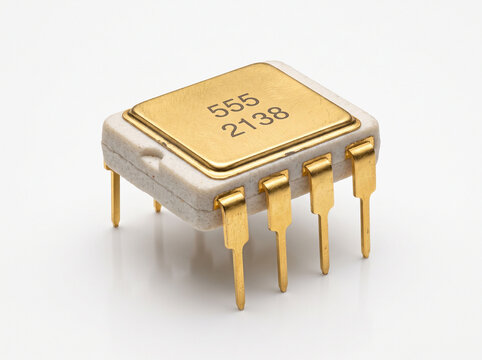 Gold plated 555 timer chip with ceramic white base vintage electronics hardware component.