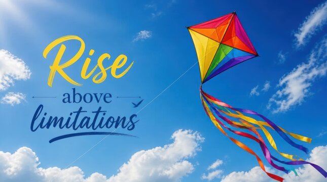 Multicolored diamond kite with flowing ribbon tails flying in blue sky with white clouds and the inspirational text Rise above limitations written in stylized script font.