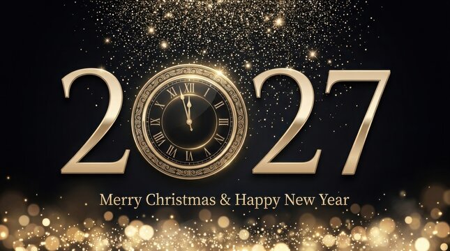 Golden 2027 numerals with vintage clock face against sparkling dark background
