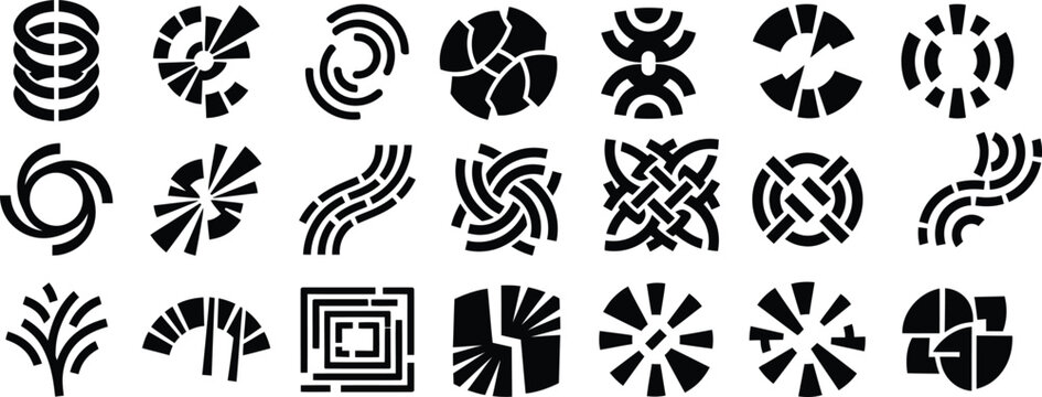 Assortment of non-representational black geometric vector icons, imaginative minimalist symbols, and contemporary emblem designs.