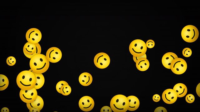 Smiley face emojis float across a dark black background creating a cheerful pattern.