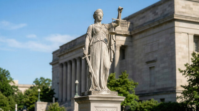 Justice Statue In Front Of Government Building With Scales And Sword