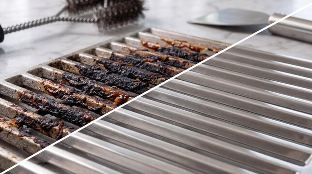Dirty and clean grill grate comparison, before and after cleaning barbecue grates, stainless steel grill maintenance