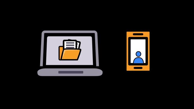 Flat design animation showing laptop with file folder and smartphone with user icon, symbolizing cross-device data sync, file transfer, cloud storage, and remote access. Seamless loop motion graphic, 