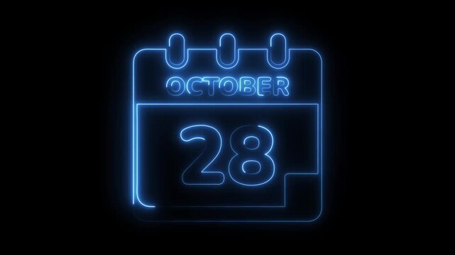 Glowing october 28th neon calendar animation on black background modern reminder