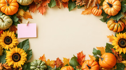 Fototapeta premium Autumn flat lay e-commerce hero banner featuring blank pink note mockup and vivid sunflowers framing central layout