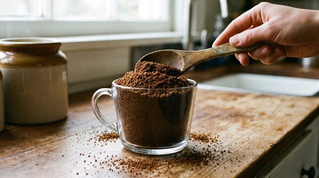 Hand leveling brown sugar with a wooden spoon in a glass measuring cup on a rustic kitchen counter