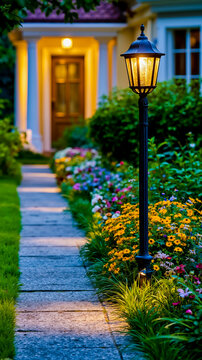 A well-lit pathway leads to a house with a glowing light