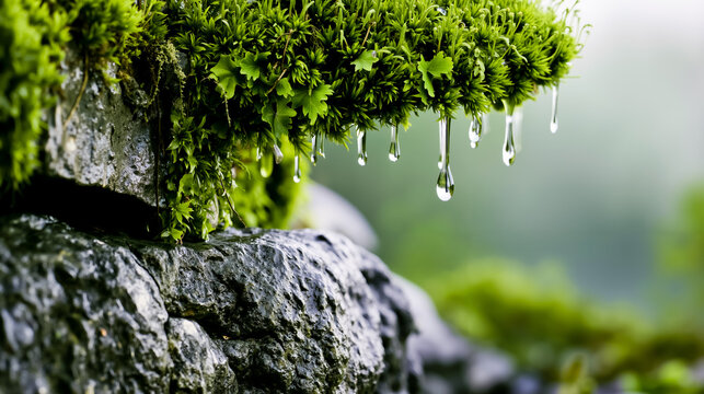 Drops of water hanging from a green mossy rock