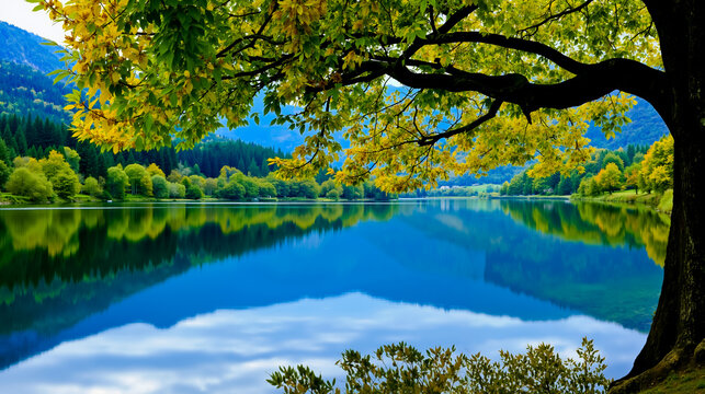 A serene landscape featuring a calm lake with a tree branch in the foreground and a mountainous background