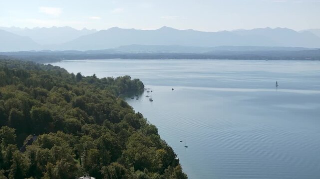 Aerial panorama of Lake Starnberg and Bavarian Alps in Germany