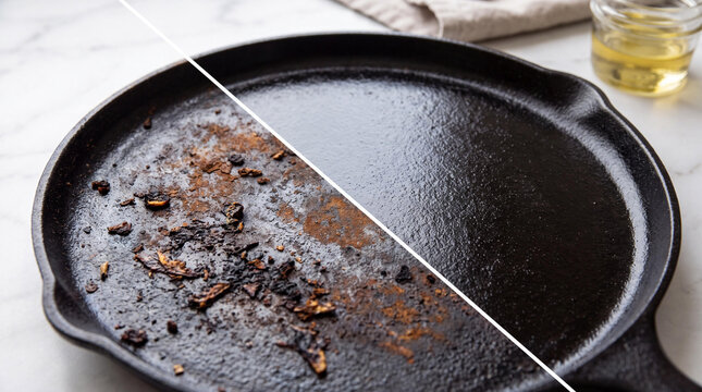 Cast iron skillet restoration comparison, dirty rusty pan versus clean seasoned skillet, before and after cleaning cookware