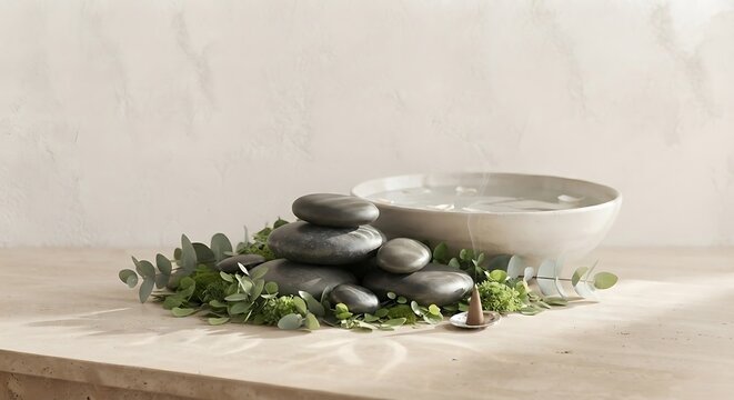 Stacked zen stones and a water bowl with greenery on a wooden table