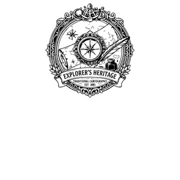 Close-up of vintage compass and emblem with mapmaker theme on white background