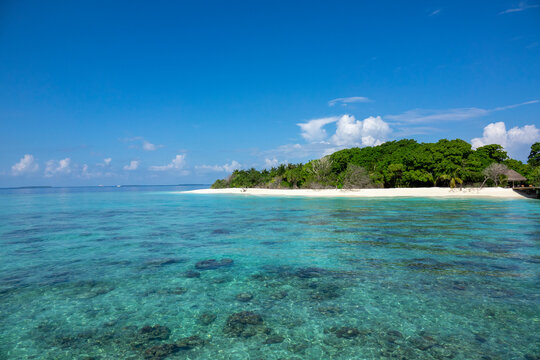 A small tropical island rises above a lagoon dotted with coral, Baa Atoll, Soneva Fushi, Maldives