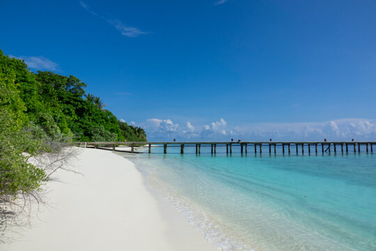 A long wooden jetty extends into a turquoise lagoon beside a forested shoreline, Baa Atoll, Soneva Fushi, Maldives