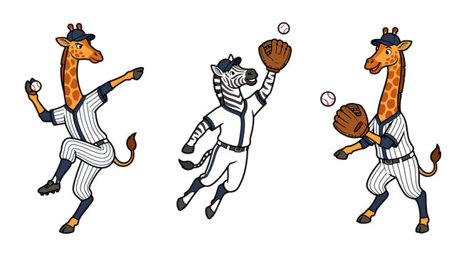 Baseball players cartoon set with giraffe and zebra characters in uniform featuring animal, mascot