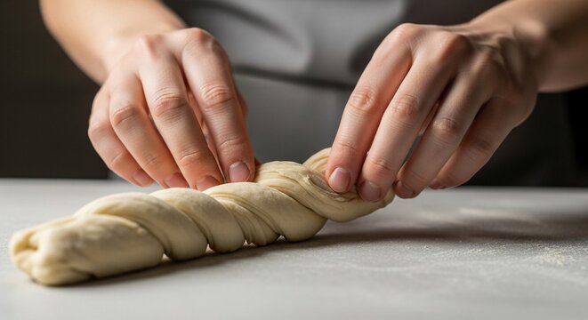 Close-up of hands skillfully twisting raw dough, preparing to bake fresh bread in a culinary setting.