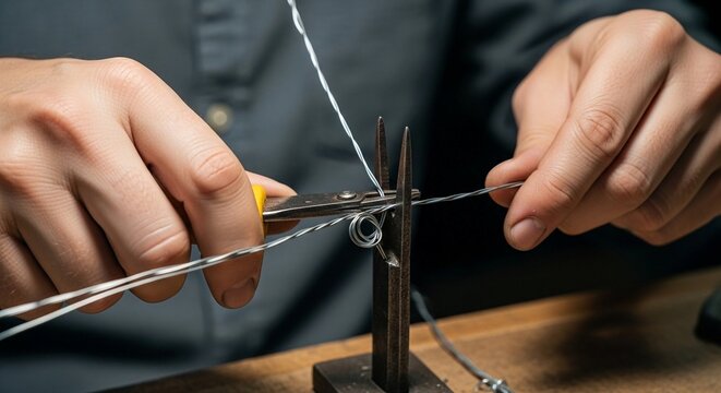 Hands meticulously cutting and twisting wire with pliers, creating intricate metal forms for a crafting project