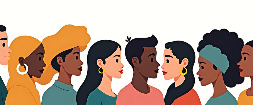 Close up profiles of diverse people in profile showing different skin tones and hairstyles together.
