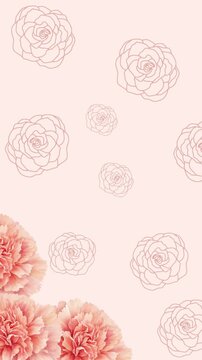 Elegant seamless floral pattern featuring delicate hand-drawn rose outlines and soft watercolor carnation flowers on a warm blush pink background. The minimalist botanical design creates a romantic an