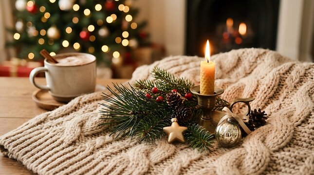 Christmas festive table setting with a burning candle and hot cocoa mug