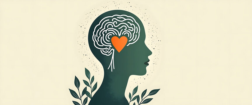 Human head silhouette with brain and heart for mental health awareness and wellness concepts.