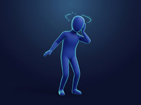 Stylized blue character feeling dizzy and holding their head
