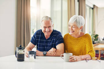 Plakat Laugh, coffee and senior couple in kitchen for marriage, love and bonding at breakfast in home. Retirement, happy and elderly man and woman with drink, smile and relax in morning for commitment